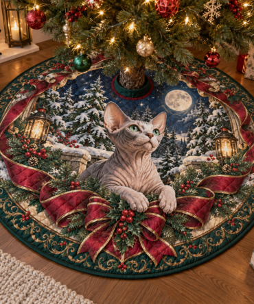 Modern Quilted Holiday Tree Skirt With Sphynx Cat Art — Sleek, Plush Christmas Decor, Machine-Washable & Pet-Friendly