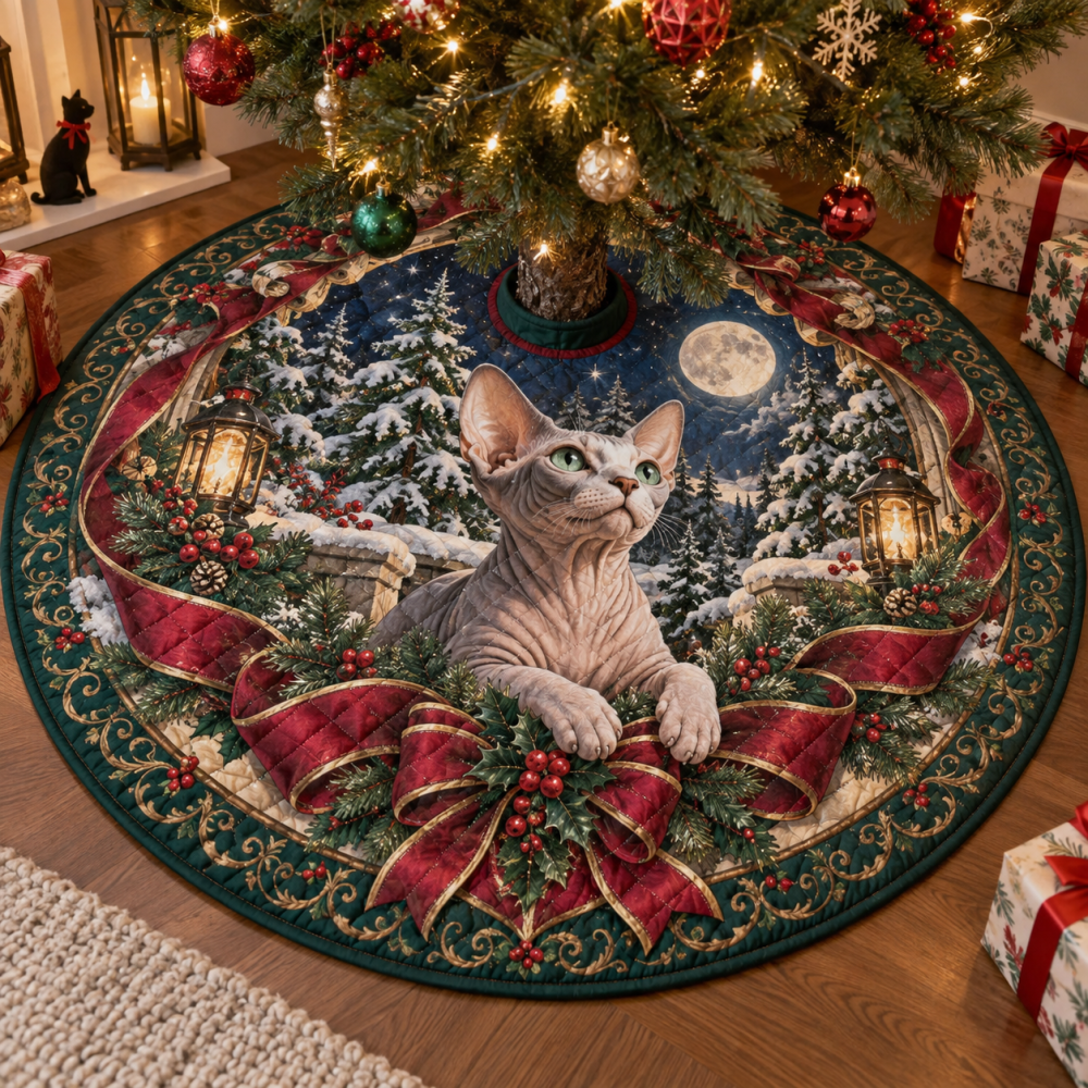 Modern Quilted Holiday Tree Skirt With Sphynx Cat Art — Sleek, Plush Christmas Decor, Machine-Washable & Pet-Friendly