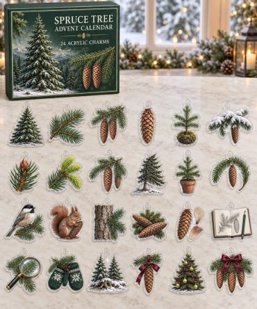 Spruce Tree 24-Day Seasonal Countdown - Charming 24-Piece Acrylic Charm Collection For Holiday Decorating, Gifts & Nature Enthusiasts