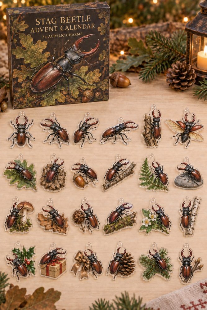 Premium Holiday Countdown Set — 24 Collectible Stag Beetle Acrylic Charms , Gift, Keychains, Stocking Stuffers
