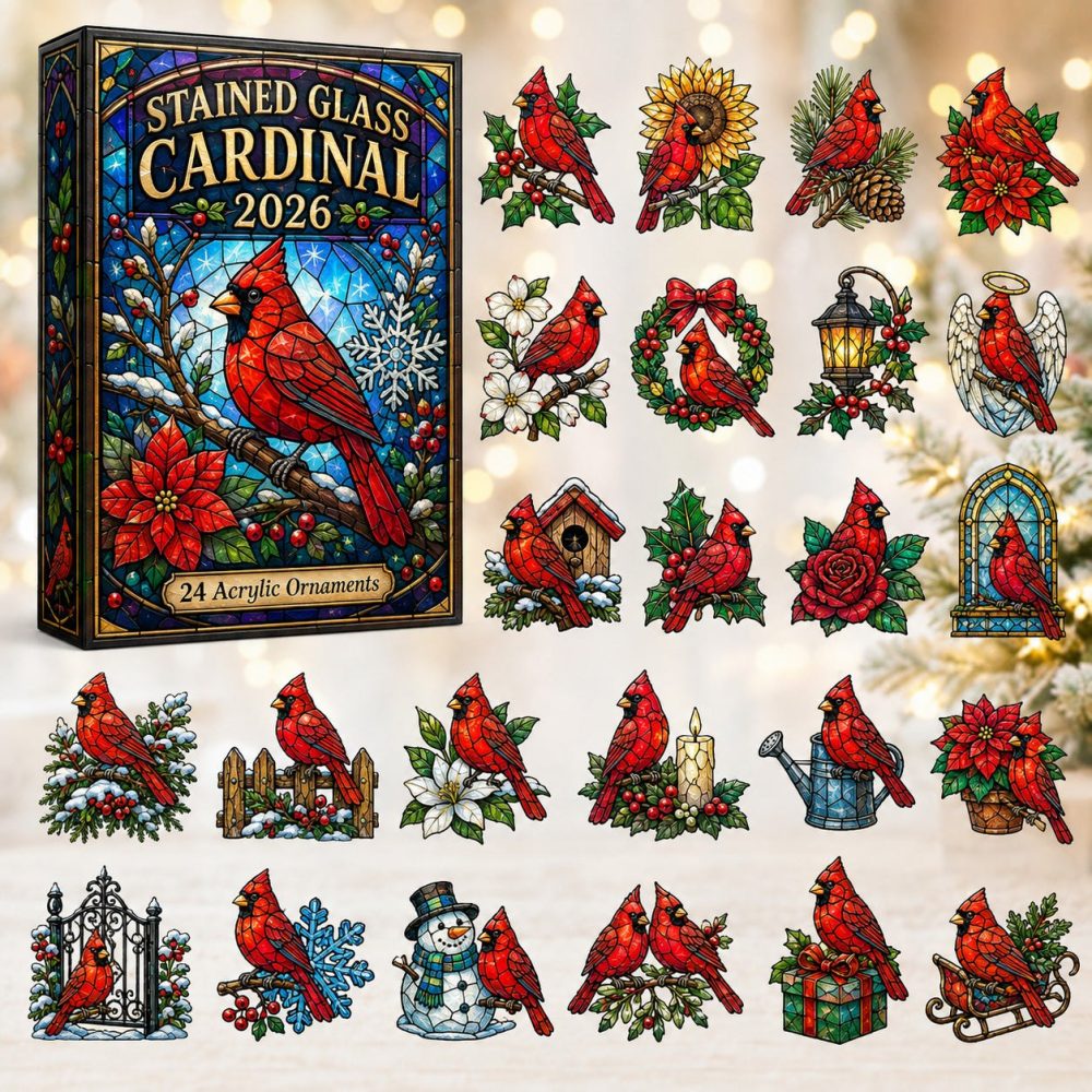 2026 Cardinal Snow Stained-Glass Style Countdown — 24 Acrylic Charms, Winter Cardinal Ornaments & Festive Holiday Gift Set