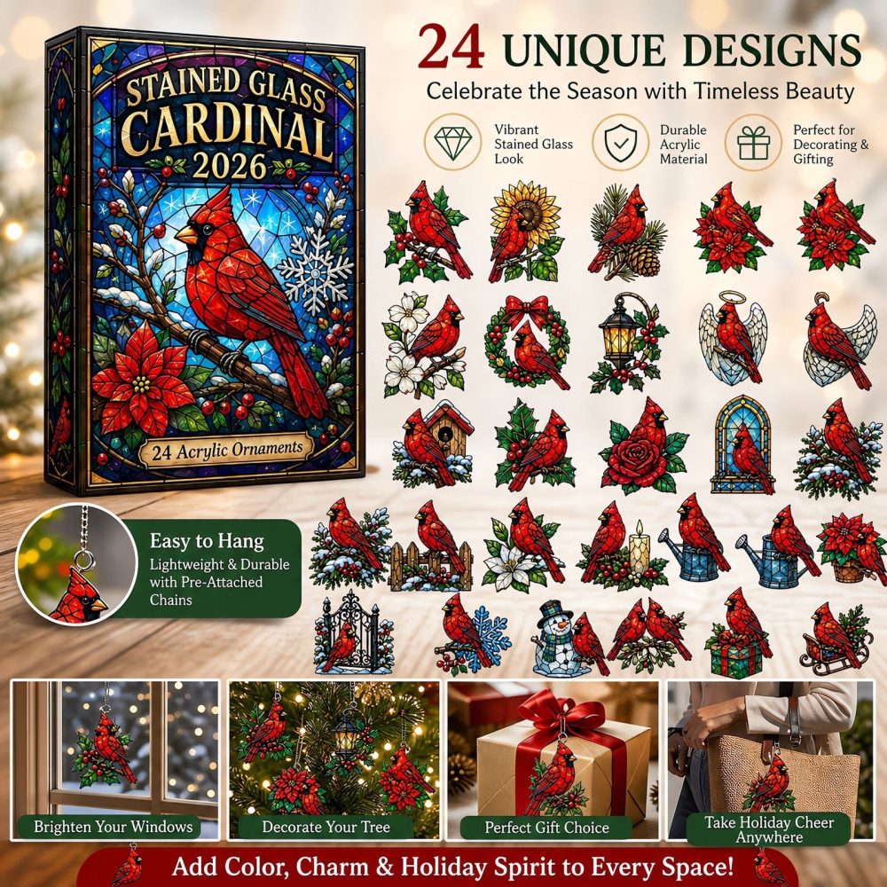 Stained Glass Cardinal & Poinsettia Advent - 24 Acrylic Charms Holiday Countdown, Vibrant Christmas Window-Inspired Keepsake 2026