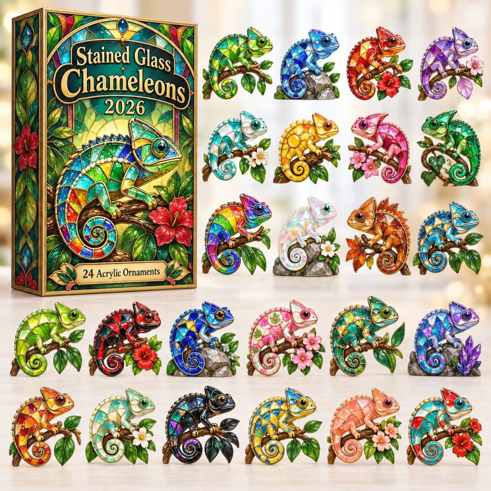 Stained Glass Chameleons Advent Calendar 2026 — 24-Day Acrylic Charm Set With Colorful Chameleon Designs , Unique Holiday Gift