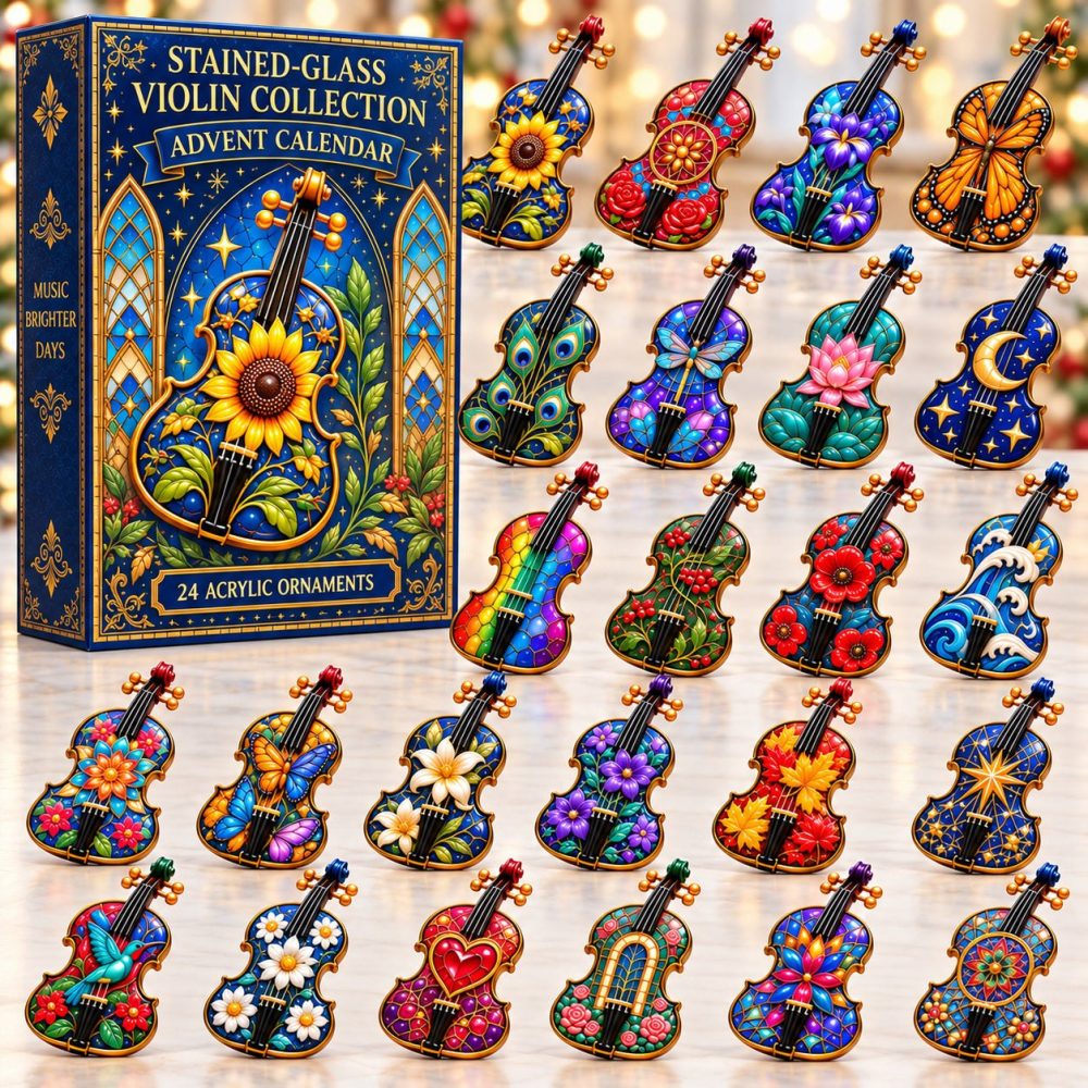 Stained-Glass Violin 2026 Artful Countdown — 24 Acrylic Charms, Elegant Instrument Designs & Gift For Classical Music Fans