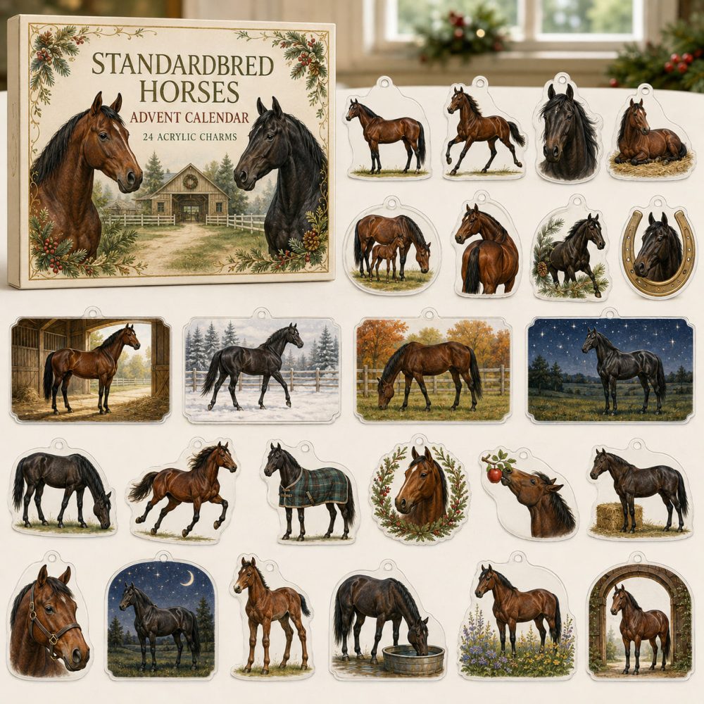 Standardbred Horse Advent Collection — 24 Acrylic Equestrian Charms For Harness Racing Fans, Giftable Holiday Countdown