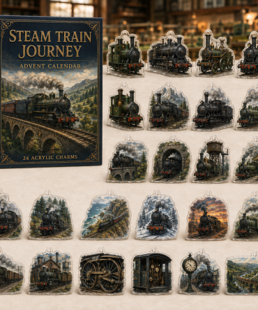 Steam Train Journey Advent Calendar — 24 Acrylic Charms, Vintage Locomotive Holiday Countdown, Gift For Train Enthusiasts & Collectors
