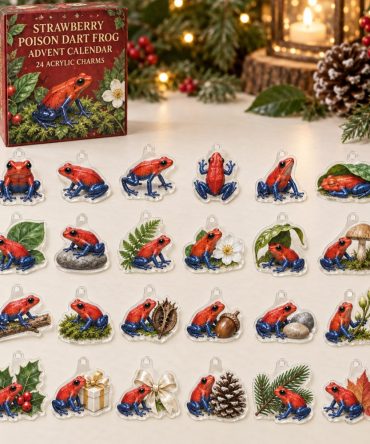 Strawberry Poison Dart Frog Advent Calendar — 24 Vivid Acrylic Frog Charms, Tropical Amphibian Countdown Gift For Collectors & Nature Fans