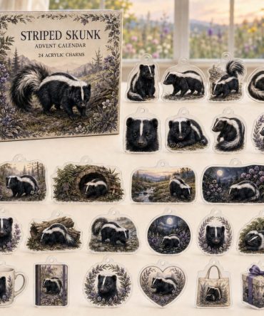 Striped Skunk Holiday Countdown Collection — 24 Cute Acrylic Charms For Advent, Christmas Ornaments & Unique Stocking Stuffers