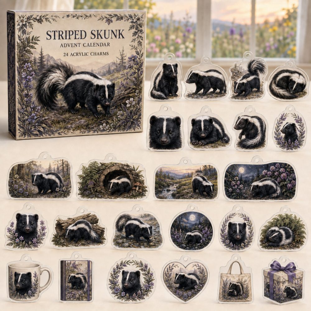 Striped Skunk Holiday Countdown Collection — 24 Cute Acrylic Charms For Advent, Christmas Ornaments & Unique Stocking Stuffers