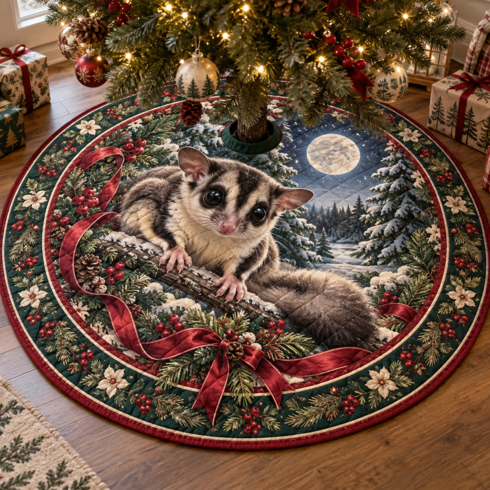 Sugar Glider Holiday Tree Skirt — Quilted Reversible Design, Plush & Machine-Washable, Cute Pet-Themed Christmas Decoration