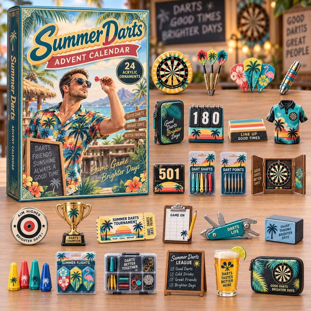 Summer Darts 24-Day Advent Calendar — Acrylic Dartboard & Dart Charms, Bold Seasonal Countdown Gift For Players & Pub Fans