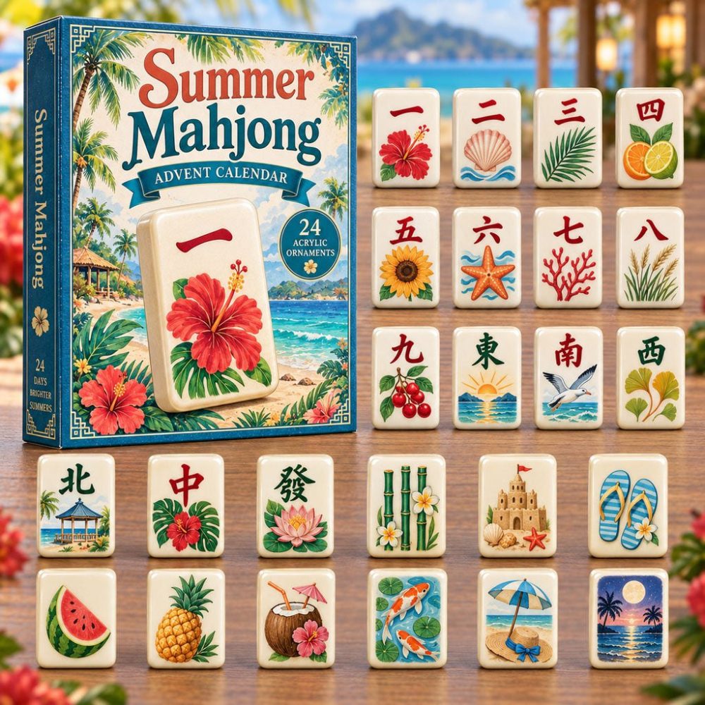 Summer Mahjong 24-Day Advent Calendar — Tropical Acrylic Tile & Symbol Charms, Holiday-Style Countdown For Game Lovers