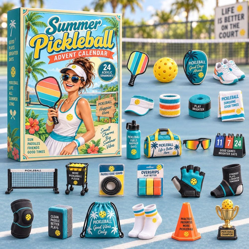 Summer Pickleball 24-Day Advent Calendar — Sunshine Acrylic Paddle & Ball Charms, Fun Seasonal Countdown Gift For Players & Fans