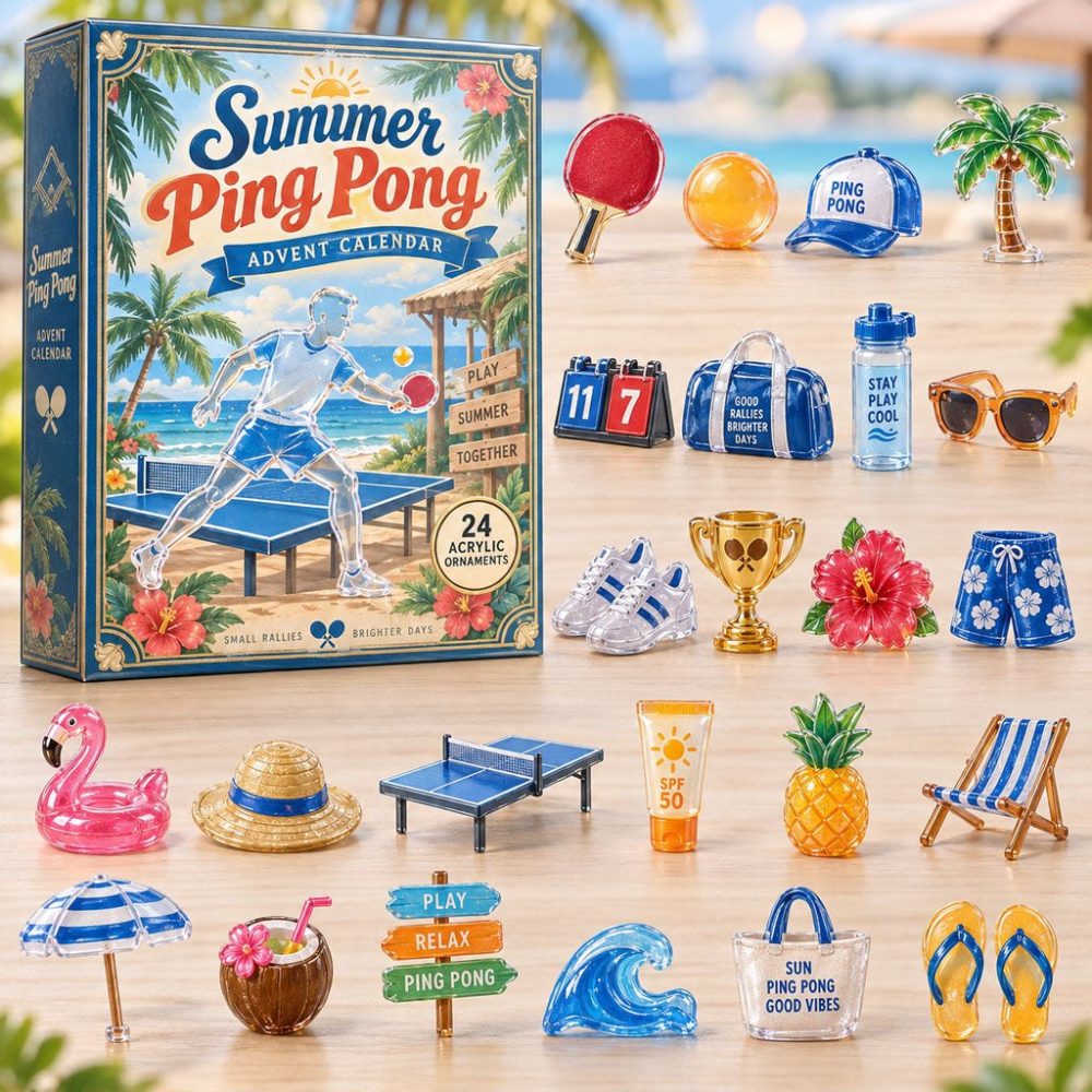 Summer Ping Pong 24-Day Advent Calendar — Bright Acrylic Paddle & Ball Charms, Seasonal Sports Countdown & Gift For Players