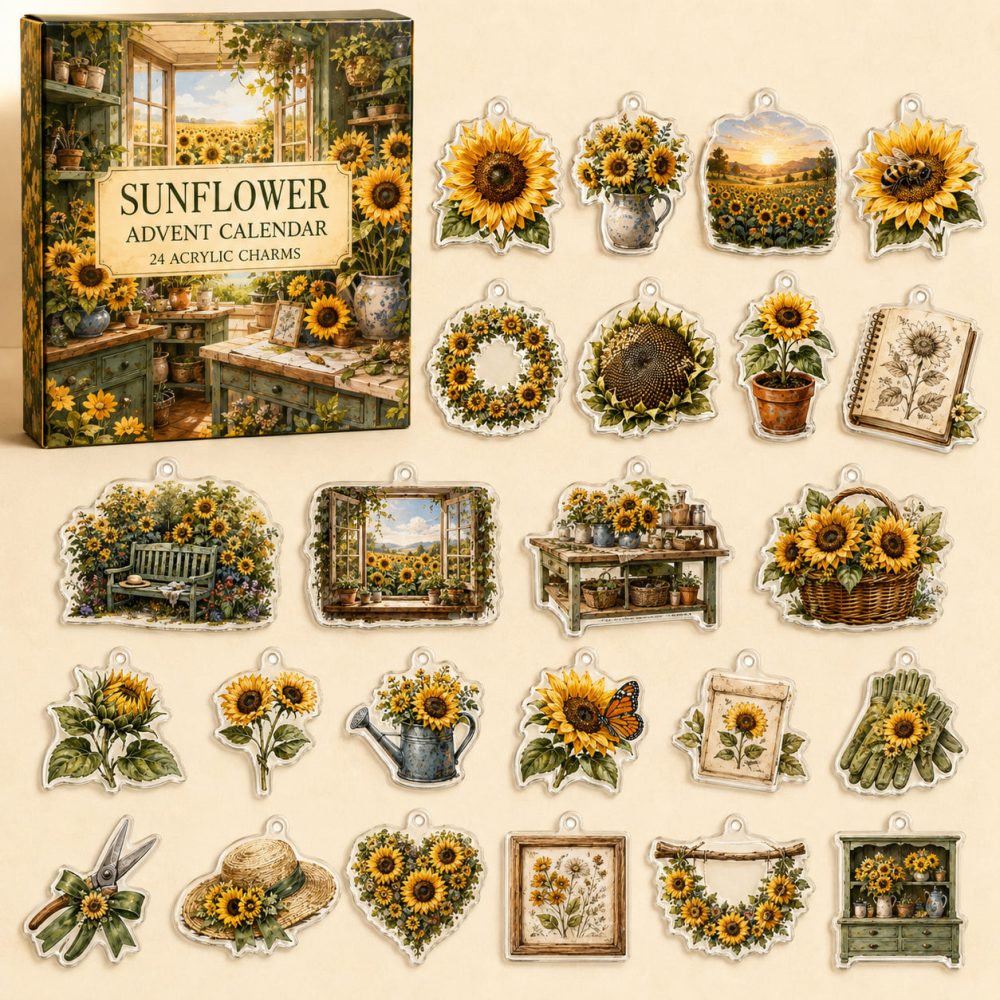 24-Day Sunflower Charm Countdown Advent — Acrylic Sunflower Floral Charms Set, Bright Holiday Gift For Gardeners & Nature Enthusiasts