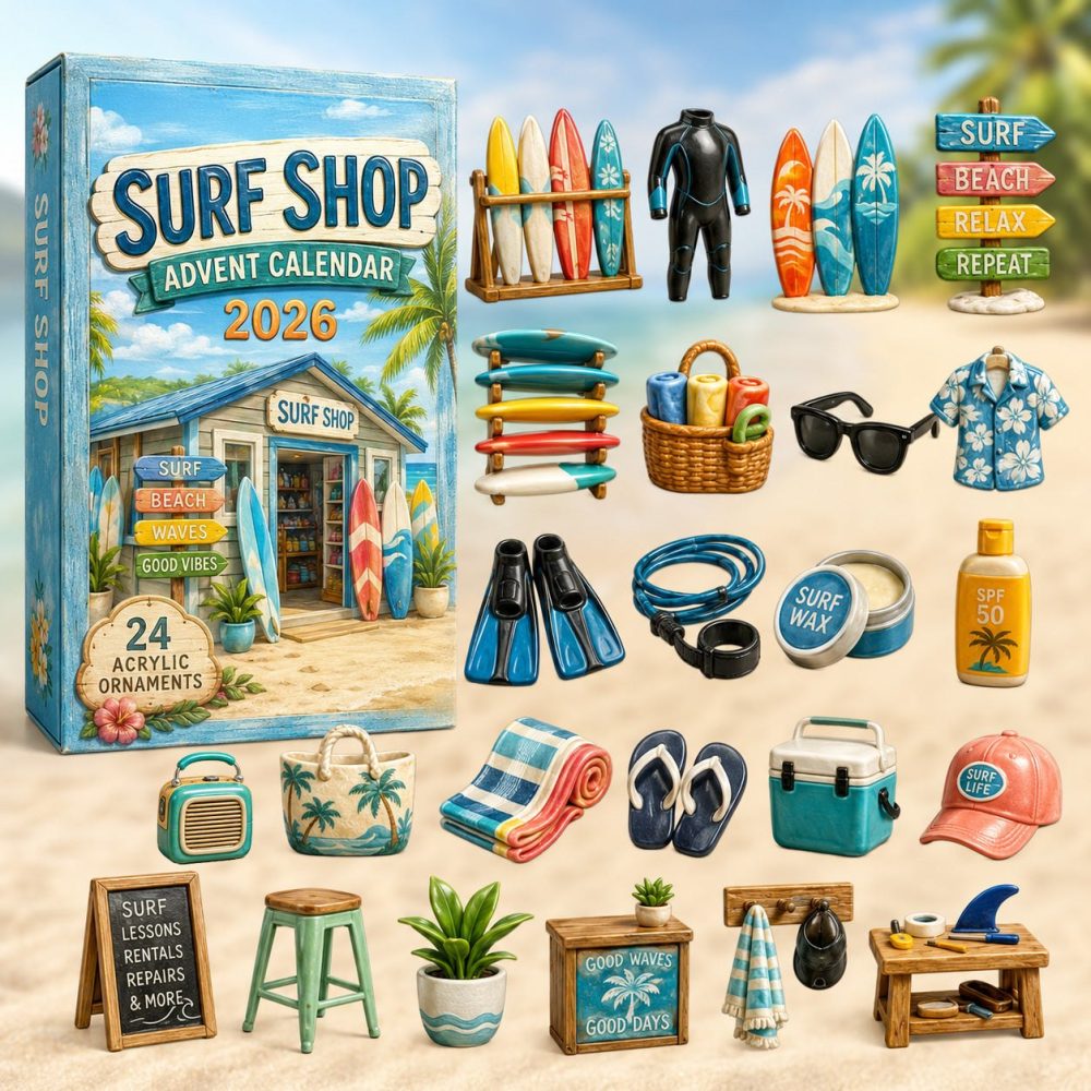 Surf Shop 2026 Advent Calendar — 24-Day Acrylic Charm Countdown, Mini Beach Shop Collectibles & Gift Set