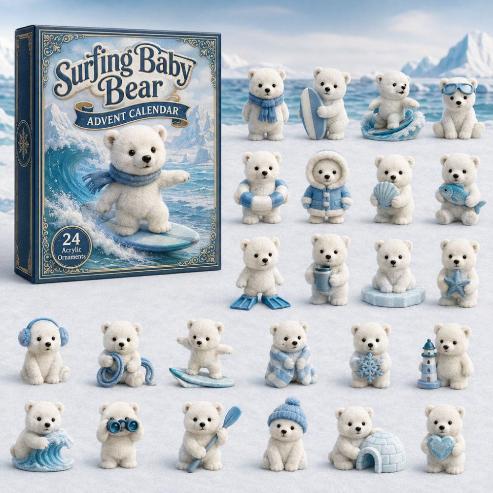Surfing Baby Polar Bear 2026 Advent Calendar — 24-Day Ocean-Themed Countdown With Acrylic Charms, Cute Arctic Holiday Gift