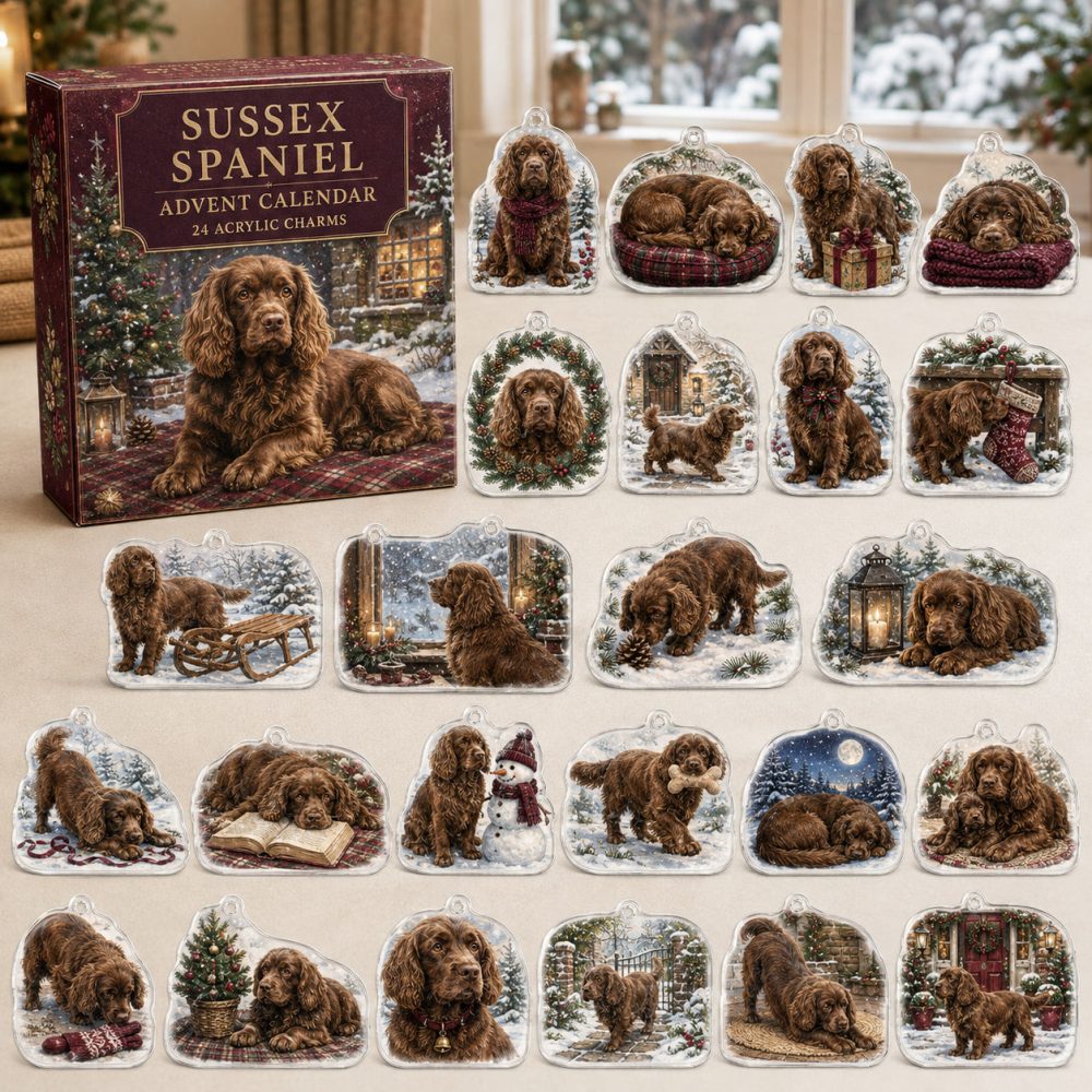 Sussex Spaniel Holiday Advent Calendar — 24 Acrylic Dog Charms, Christmas Countdown Ornaments & Gift For Spaniel Fans