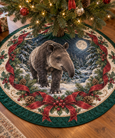 Tapir Quilted Christmas Tree Skirt — Distinctive Jungle Mammal Pattern, Reversible Padded Collar, Durable Cotton Blend, Holiday Home Accent
