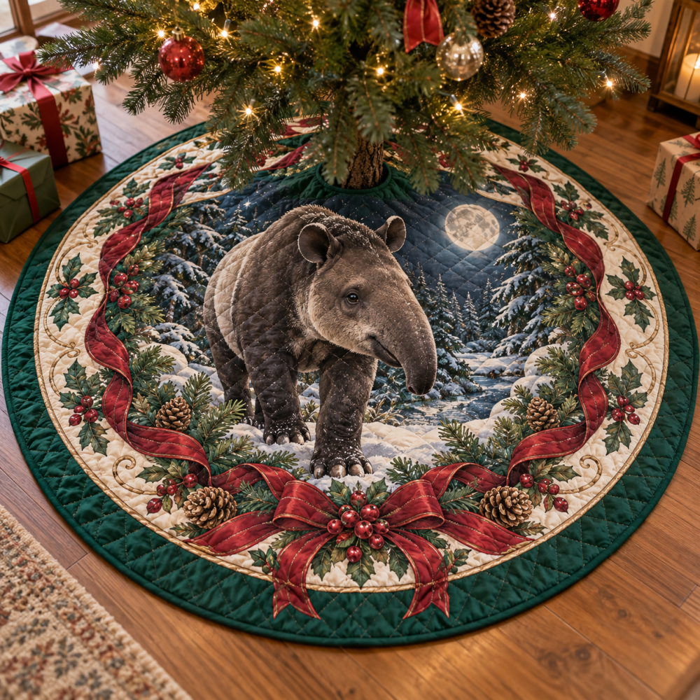 Tapir Quilted Christmas Tree Skirt — Distinctive Jungle Mammal Pattern, Reversible Padded Collar, Durable Cotton Blend, Holiday Home Accent