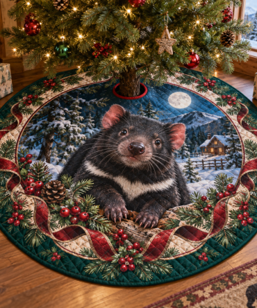Bold Quilted Tasmanian Devil Holiday Tree Skirt — Unique Tasmanian Devil Print Christmas Tree Skirt, Soft Patchwork & Machine-Washable