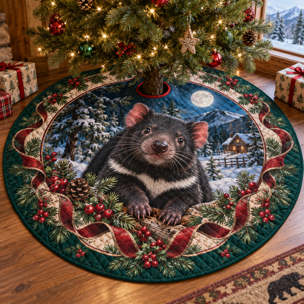 Bold Quilted Tasmanian Devil Holiday Tree Skirt — Unique Tasmanian Devil Print Christmas Tree Skirt, Soft Patchwork & Machine-Washable