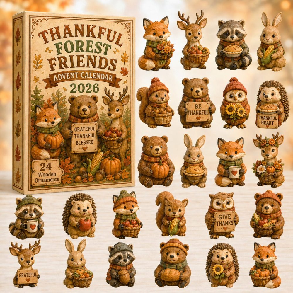 Thankful Forest Friends 2026 Advent — 24-Day Wooden Charm Countdown Calendar, Rustic Fall Decor & Kid-Friendly Holiday Gift