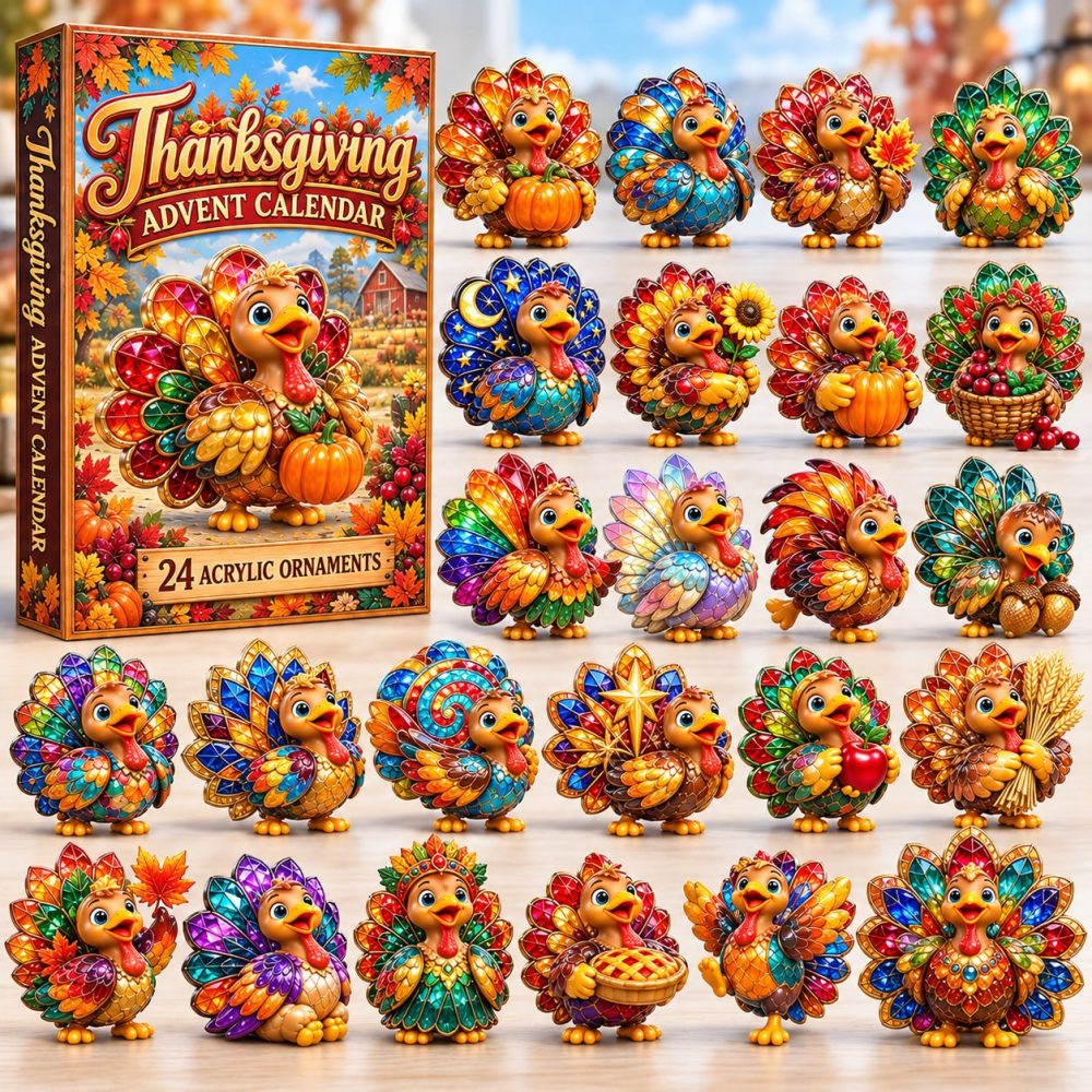 Thanksgiving Stained Glass Turkey 24-Day Advent Calendar 2026 — Acrylic Holiday Charm Countdown, Festive Table Decor & Gifts