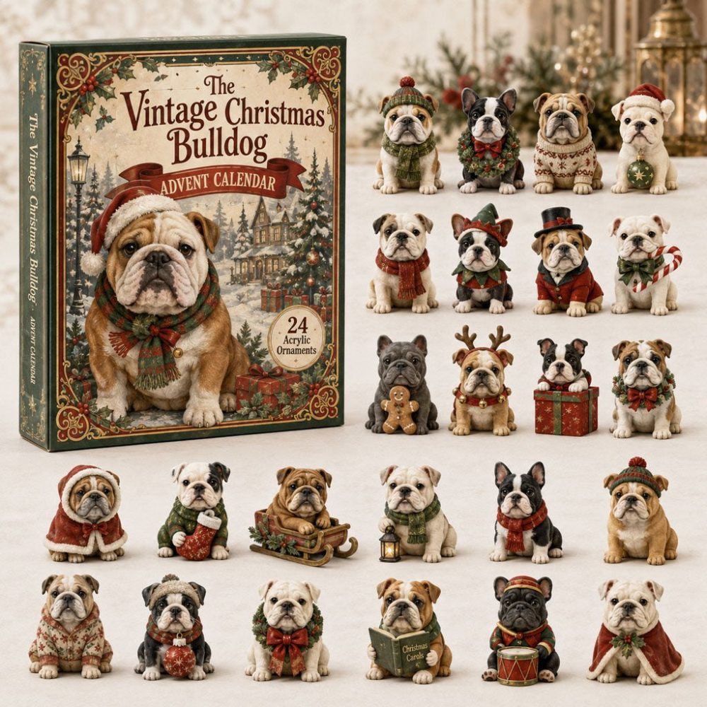 Vintage Christmas Bulldog 24-Day Advent Calendar 2026 - Retro Holiday Acrylic Charms, Festive Bulldog Keepsake & Countdown Gift
