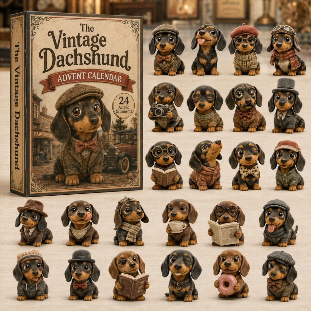 Vintage Dachshund 24-Day Advent Calendar With Acrylic Sausage Dog Charms — 2026 Retro Canine Collectible & Gift