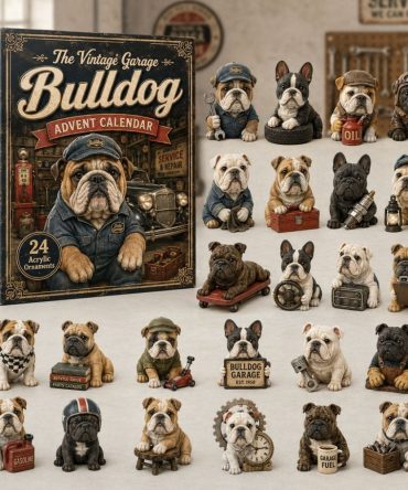 Vintage Garage Bulldog 24-Day Advent Calendar With Acrylic Mechanic Dog Charms — 2026 Retro Auto & Bulldog Collectible
