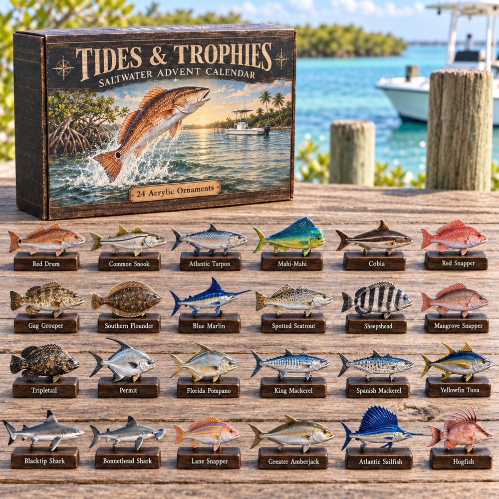 Tides & Trophies Coastal Advent Calendar - 24-Day Holiday Countdown With 24 Acrylic Charms, Nautical Christmas Gift For Anglers