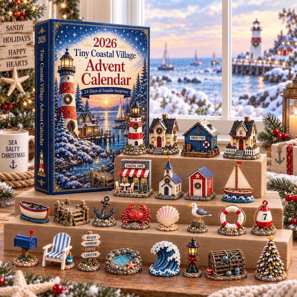 Tiny Coastal Village 24-Day Holiday Advent Calendar — 24 Mini Acrylic Seaside Charms, Charming Coastal Countdown Gift
