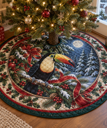 Toucan Quilted Holiday Tree Skirt — Playful Tropical Bird Design, Reversible, Stain-Resistant Backing, Perfect For Christmas Centerpiece