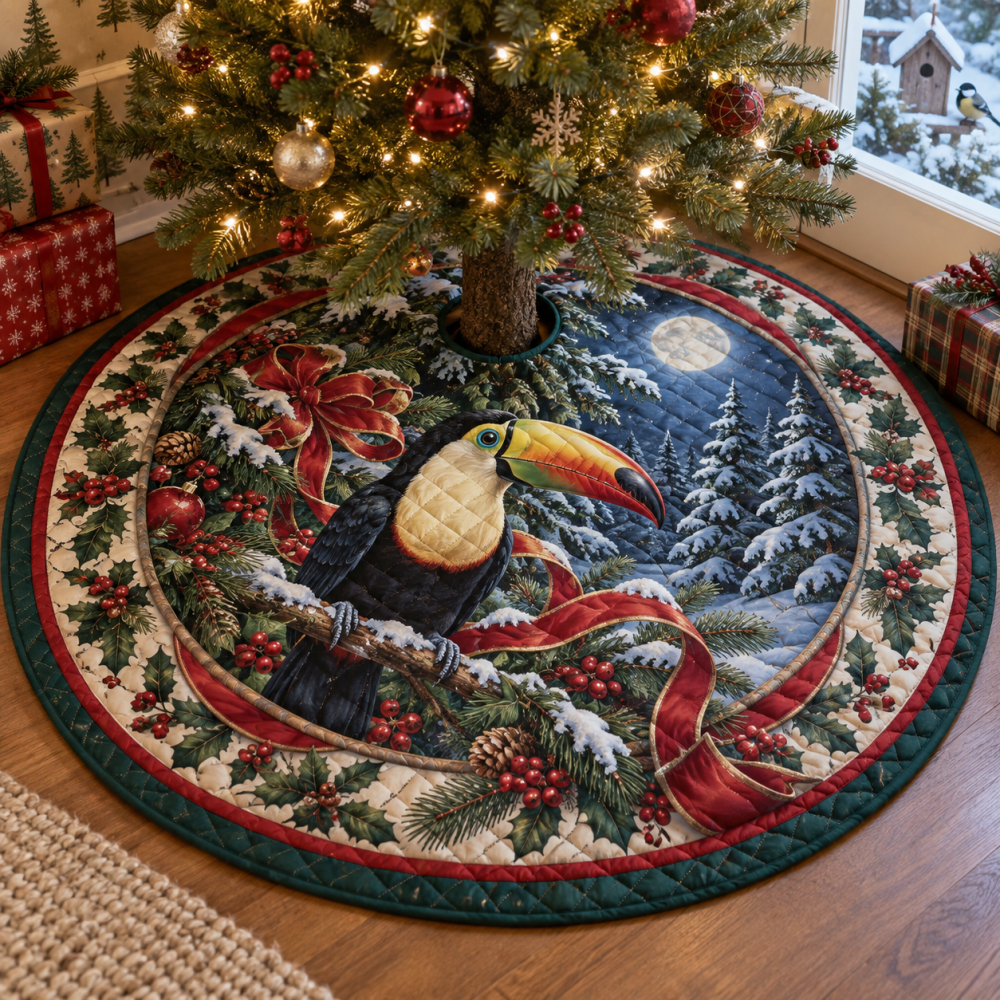 Toucan Quilted Holiday Tree Skirt — Playful Tropical Bird Design, Reversible, Stain-Resistant Backing, Perfect For Christmas Centerpiece