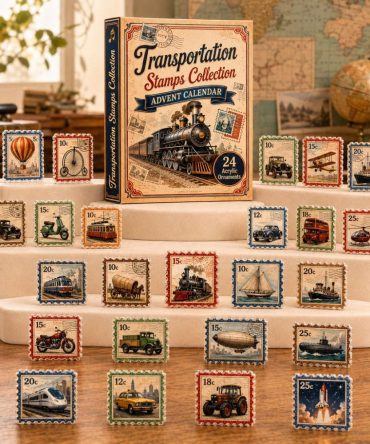 Transportation Stamps Collection Advent Calendar 2026 - 24-Day Acrylic Charms Countdown , Collectible Gift For Transportation Stamps Fans