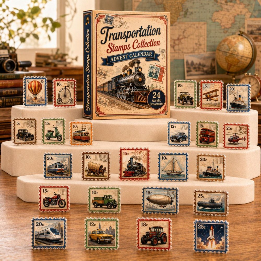 Transportation Stamps Collection Advent Calendar 2026 - 24-Day Acrylic Charms Countdown , Collectible Gift For Transportation Stamps Fans