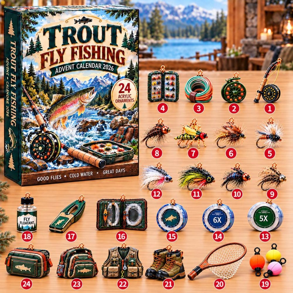 Trout Fly Fishing 2026 Advent Calendar — 24-Day Angler Countdown With Acrylic Charms, Fishing Gift For Fly Fishers
