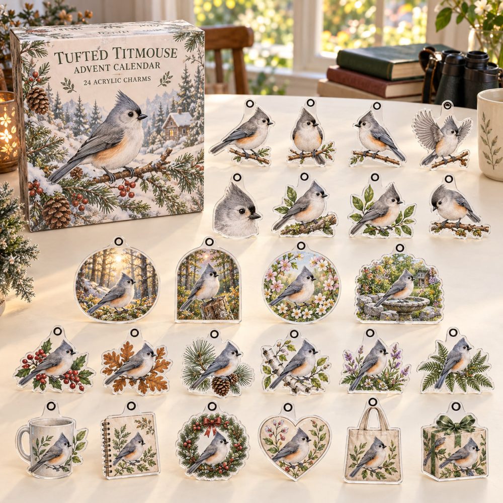Tufted Titmouse Acrylic Charm Advent Collection — 24-Day Holiday Ornament Set, Perfect Gift For Bird Enthusiasts