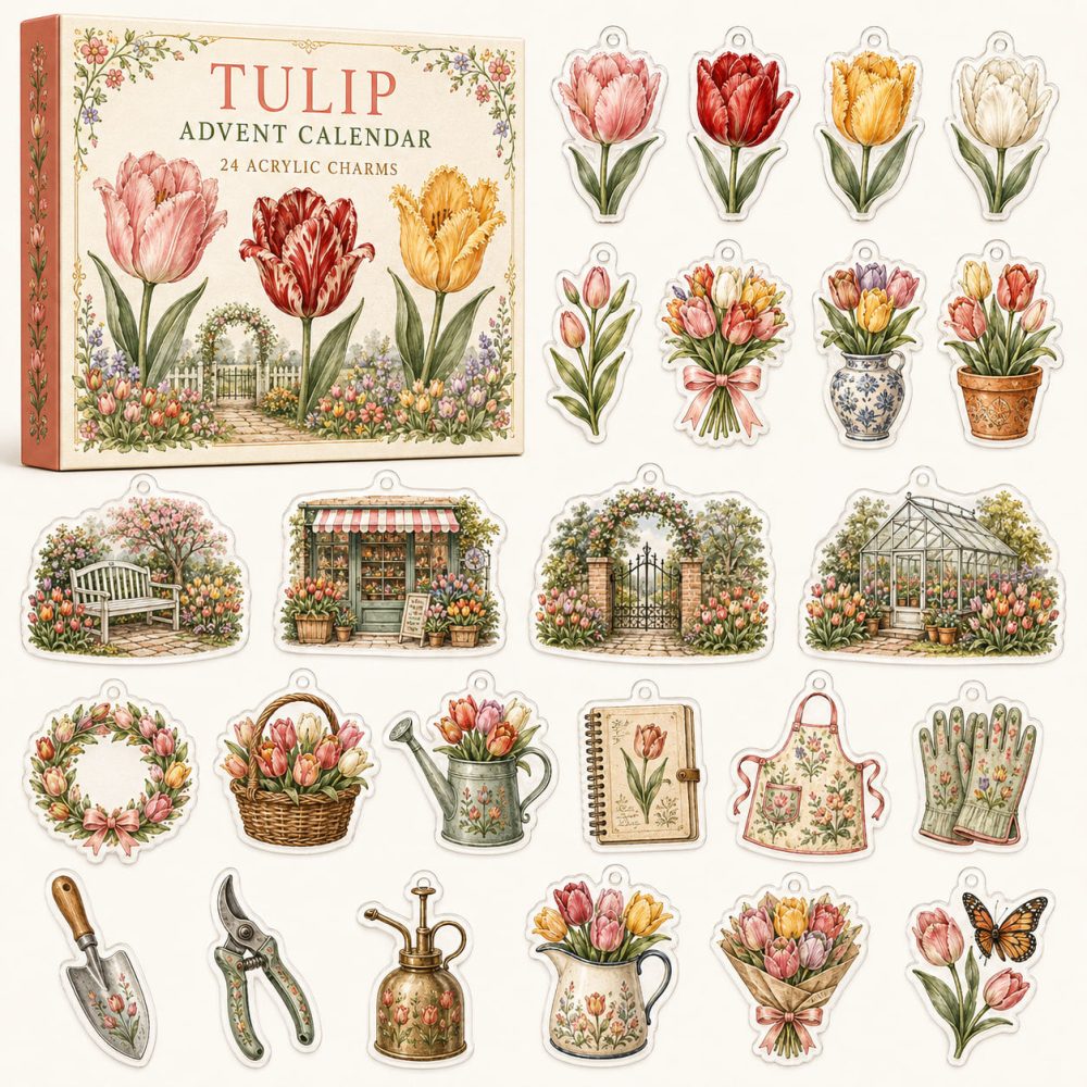 Tulip Flower Advent Gift Box - 24 Bright Acrylic Tulip Charms, Floral Countdown For Gardeners & Flower Fans , Pretty Stocking Stuffer