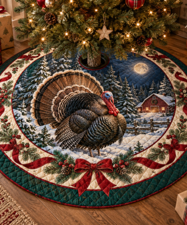 Festive Turkey Quilted Tree Skirt — Reversible Holiday Mat, Plush Padding, Machine-Washable, Rustic Thanksgiving-To-Christmas Décor