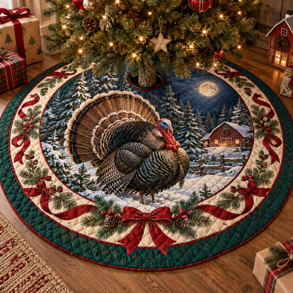 Festive Turkey Quilted Tree Skirt — Reversible Holiday Mat, Plush Padding, Machine-Washable, Rustic Thanksgiving-To-Christmas Décor