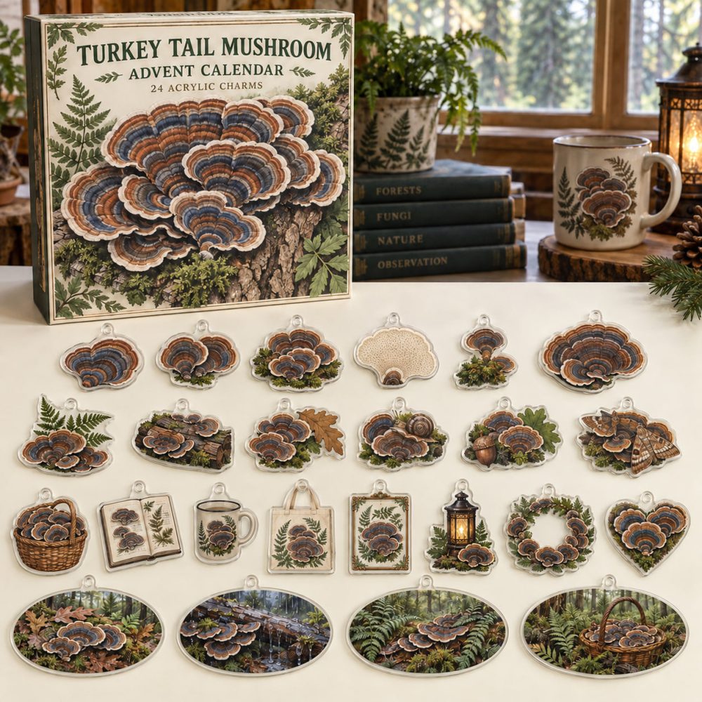 2026 Turkey Tail Mushroom Advent — 24 Acrylic Charms, Colorful Fungi Ornaments & Nature-Lover Holiday Countdown