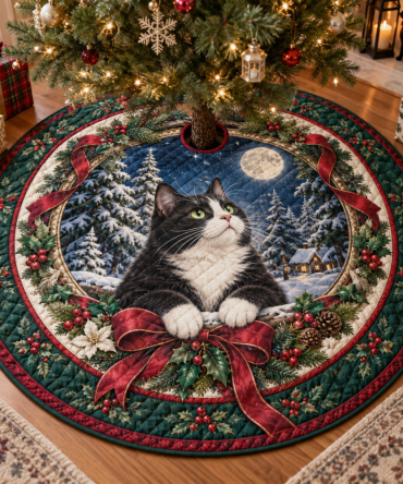 Chic Quilted Holiday Tree Skirt With Tuxedo Cat Artwork — Plush, Non-Slip Christmas Decor, Great Gift For Cat Owners