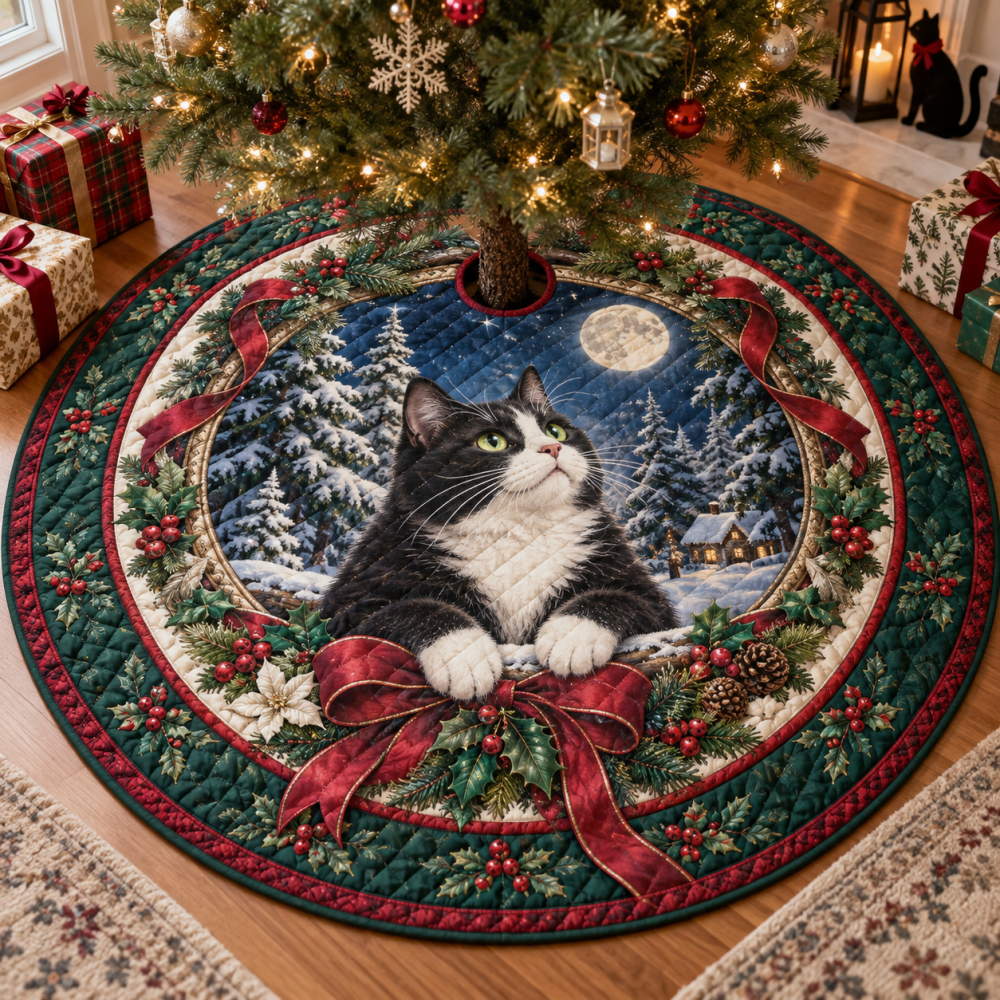 Chic Quilted Holiday Tree Skirt With Tuxedo Cat Artwork — Plush, Non-Slip Christmas Decor, Great Gift For Cat Owners