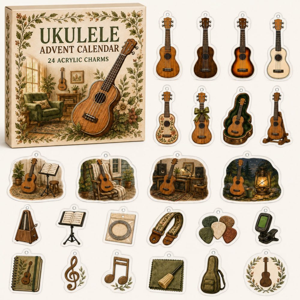Ukulele Mini Charm Advent Box - 24 Tropical Acrylic Charms, Holiday Countdown Gift For Ukulele Players , Fun Stocking Stuffer