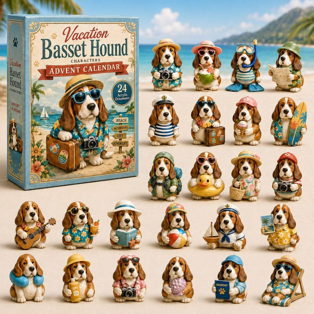 Basset Hound Beach Advent Calendar 2026 — 24-Day Acrylic Charm Countdown, Coastal Vacation-Themed Holiday Gift