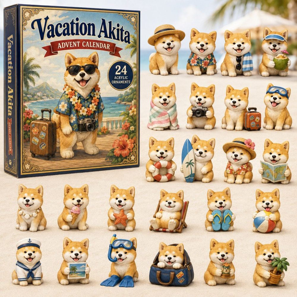 Vacation Akita 24-Day Advent Calendar 2026 - Travel & Beach Acrylic Charms, Akita Dog Gift-Ready Countdown For Pet Owners