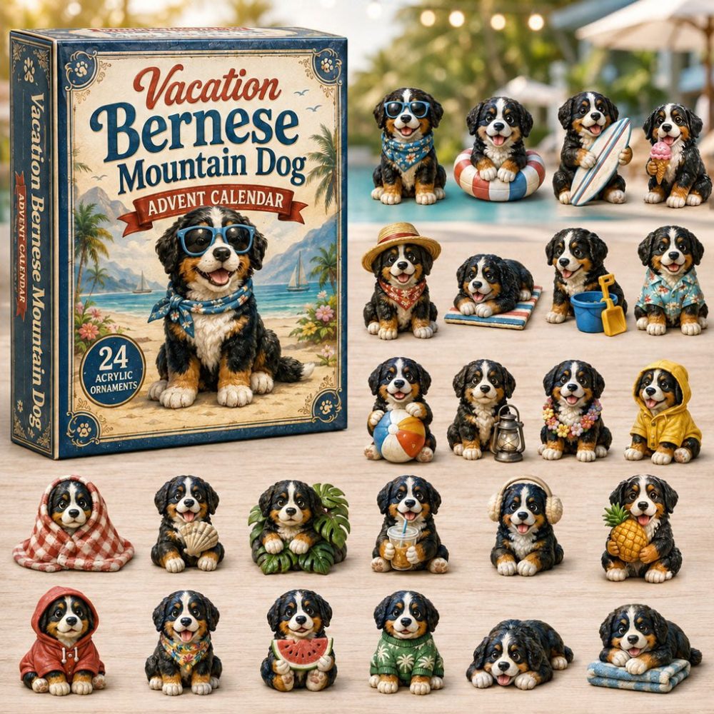 Vacation Bernese Mountain Getaway — 24-Day Travel Acrylic Charm Countdown, Bernese Souvenir Gift Set 2026