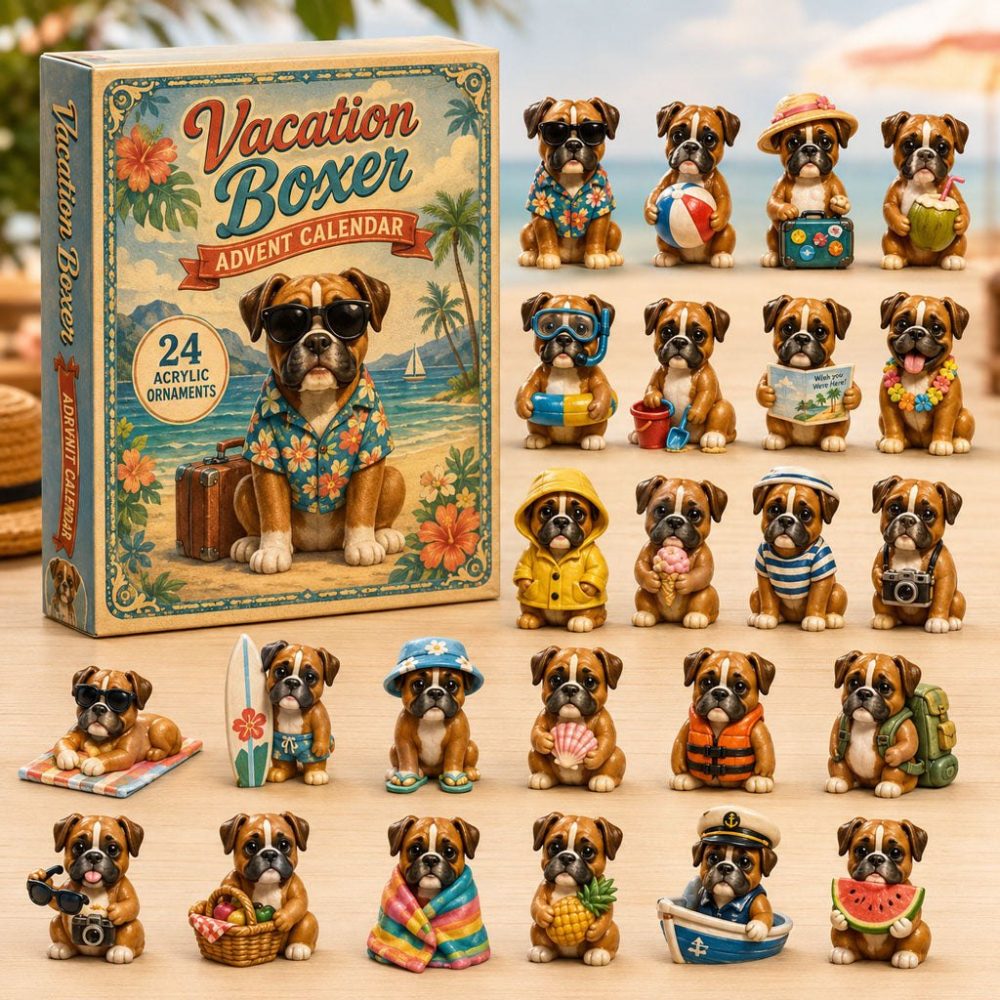 Vacation Boxer 24-Day Advent Calendar 2026 - Travel-Themed Acrylic Charms, Boxer Dog Gift & Holiday Countdown For Pet Lovers